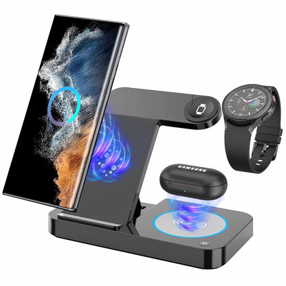 Three-in-one Wireless Charging Stand, 15W Max Output, Compatible with Samsung Phones, Headphones, Watches, Type-C to USB-A Cable, 120cm Cable Length, Black/White