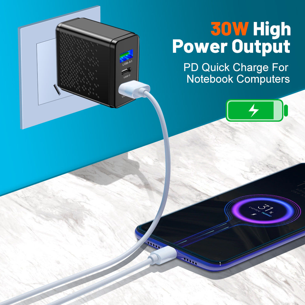 LED 2USB+PDType-C mobile phone charger with multiple ports, compliant with American, European, and British standards for travel charging