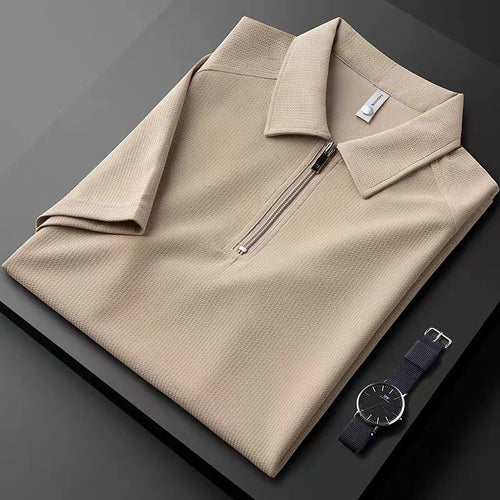 Light Luxury Summer Thin Bubble Fabric Half Zipper Polo Shirt Men's Short Sleeve Lapel T-shirt