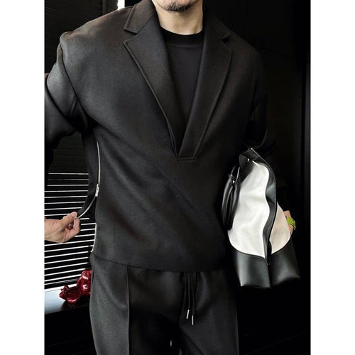 Men's Solid Color And V-neck Side Double Zipper Design Suit Lightly Mature Two-piece Set