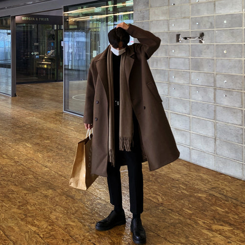 Double Breasted Woolen Coat Men's Mid-length Thick Woolen Coat