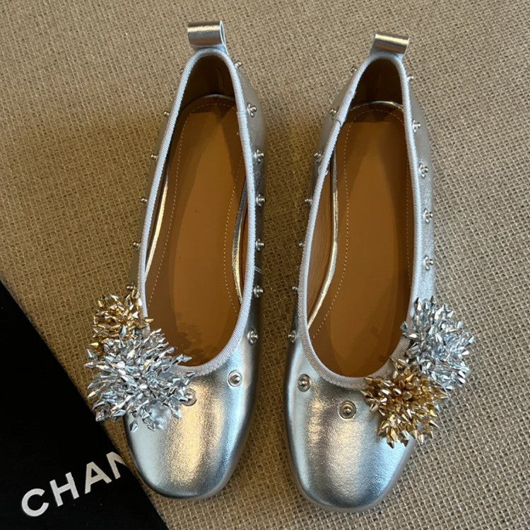 Diy Flower Rivet Mary Jane Shoes Shallow Mouth Flat Bottom