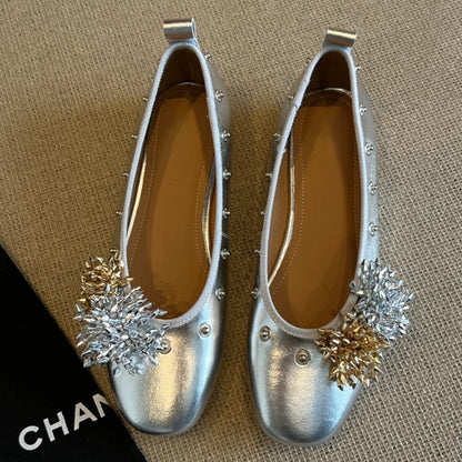 Diy Flower Rivet Mary Jane Shoes Shallow Mouth Flat Bottom
