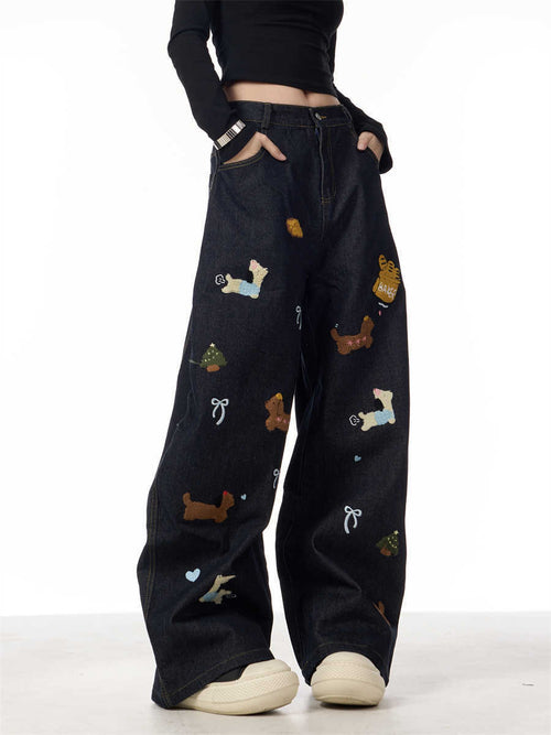 Sausage Dog Patchwork Jeans Women's Loose Casual Wide-leg Pants