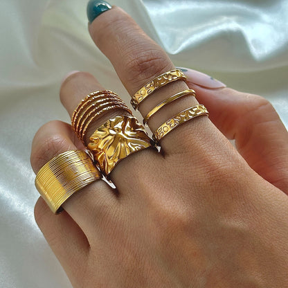 Stainless Steel Vacuum Plating 18K Gold Multi-layer Multi-point Curved Personality Ring