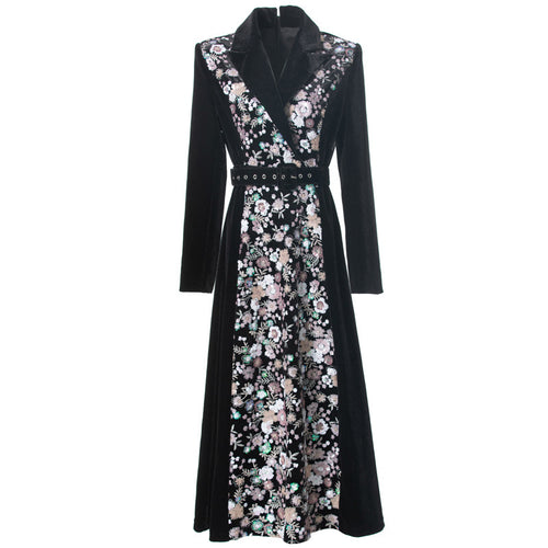 Heavy Embroidery Sequins Lapel Long Sleeve Long Black Velvet Dress