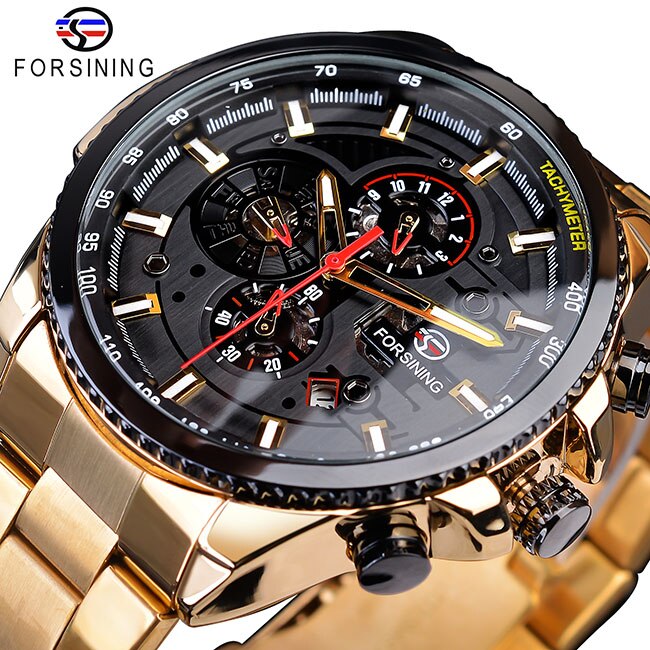 Forsining Three Dial Calendar Stainless Steel Men Mechanical Automatic Wrist Watches Top Brand Luxury Military