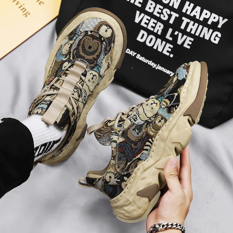 Canvas breathable thick sole height increasing dad shoes with dissolved sole, trendy sports running shoes