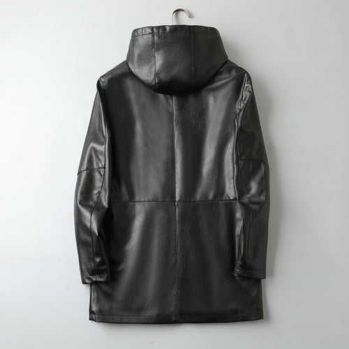 Mid-length Hooded Men's Leather Jacket Fleece-lined Thickened