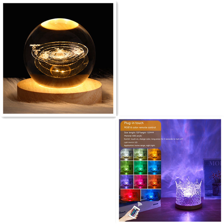 مصباح طاولة كريستالي دوار LED على شكل تموجات مائية ليلية مع منفذ USB وإضاءة RGB قابلة للتعتيم لتزيين المنزل و16 لونًا من الهدايا