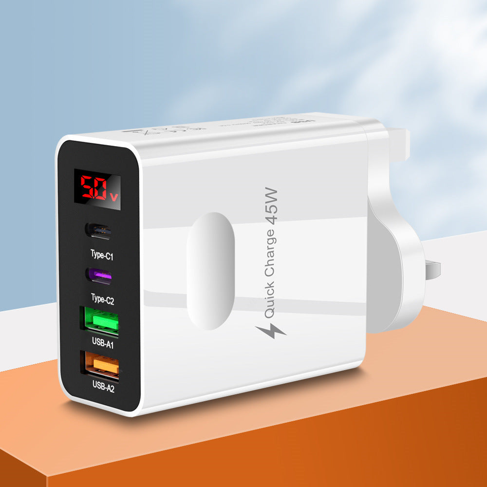 Digital display 2USB+2Type-c digital display mobile phone charger, multi port charging head, European, American and British standard plug