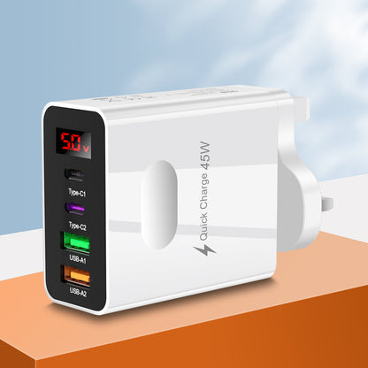 Digital display 2USB+2Type-c digital display mobile phone charger, multi port charging head, European, American and British standard plug