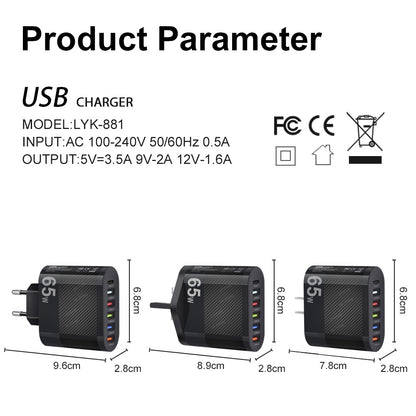 Standard 65W 5USB+Type-C mobile phone charger with multi interface charging head