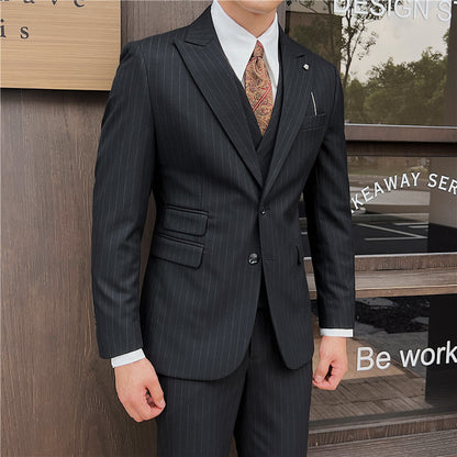 Men's British Slim-fitting Double Button Striped Suit Three-piece Suit