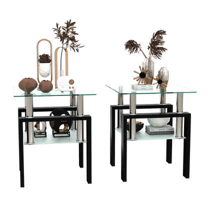 Set of 2, Modern Tempered Glass Tea Table Coffee Table End Table, Square Table for Living Room, Transparent/Black