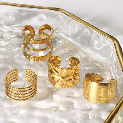 Stainless Steel Vacuum Plating 18K Gold Multi-layer Multi-point Curved Personality Ring