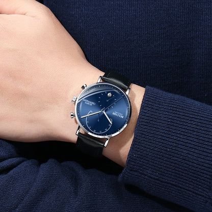Quartz Watch Men Watches Modern Chronograph Men Watch Leather Strap Watches Man Imitation Luxury Men'S Sports Watch--Belushi 537 SILVER