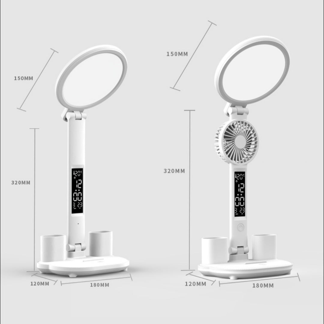 مصباح طاولة LED على شكل ساعة، مصباح مكتب قابل للشحن عبر USB، مصباح مروحة LED قابل للطي، حماية للعين، ضوء ليلي للقراءة