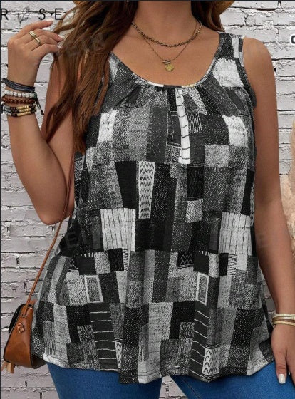 Plus Size Women's Summer Geometric Printed Round Neck Pleated Casual Tank Top