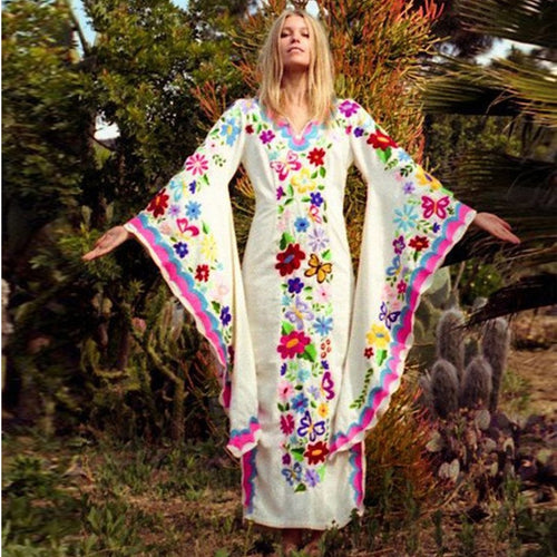 Autumn Winter Long Dress Bohemian Batwing Sleeve Print Dress