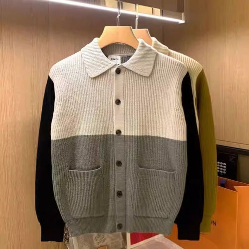 Men's Autumn And Winter Knitted Color Stitching Turnover Neck Sweater Coat