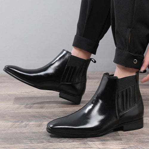 Pointed Toe Chelsea-style Boots For Men Fashion British Style Square Heel Business Formal Leather Shoes