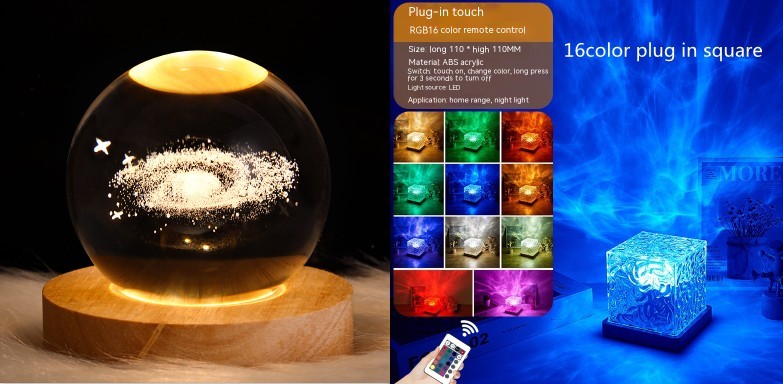 مصباح طاولة كريستالي دوار LED على شكل تموجات مائية ليلية مع منفذ USB وإضاءة RGB قابلة للتعتيم لتزيين المنزل و16 لونًا من الهدايا