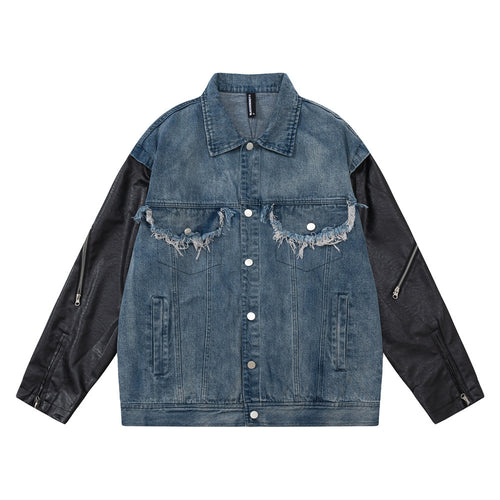 European And American Style Stitching PU Leather Sleeve Denim Jacket