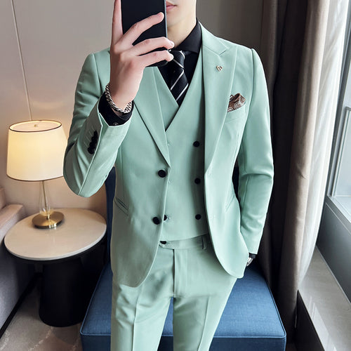 Suit Three-piece Suit Slim Korean Style Double Buckle Solid Color Light Business