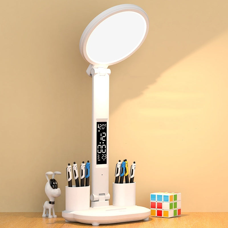 مصباح طاولة LED على شكل ساعة، مصباح مكتب قابل للشحن عبر USB، مصباح مروحة LED قابل للطي، حماية للعين، ضوء ليلي للقراءة