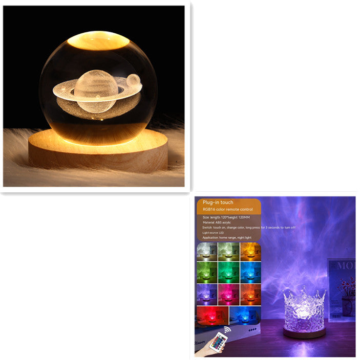 مصباح طاولة كريستالي دوار LED على شكل تموجات مائية ليلية مع منفذ USB وإضاءة RGB قابلة للتعتيم لتزيين المنزل و16 لونًا من الهدايا