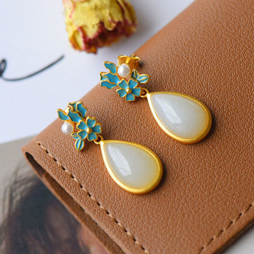 Natural White Jade Drop-shaped Women's Long Earrings