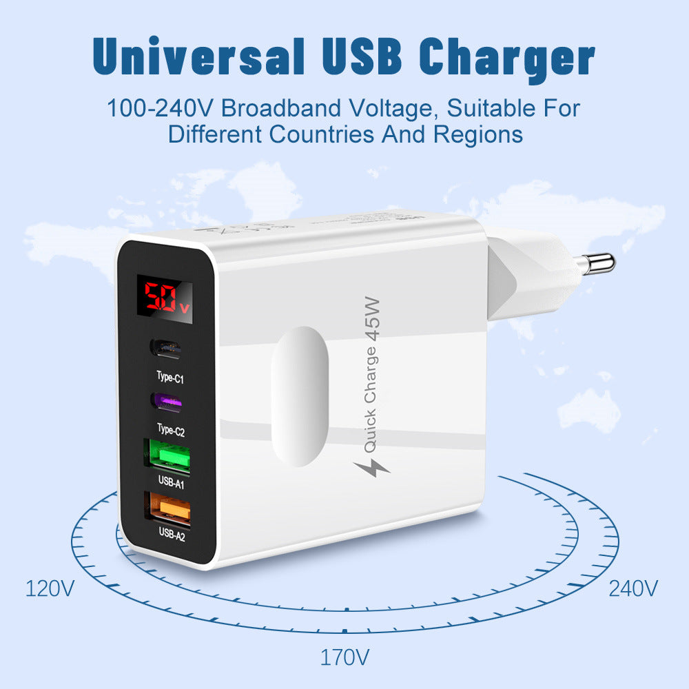 Digital display 2USB+2Type-c digital display mobile phone charger, multi port charging head, European, American and British standard plug