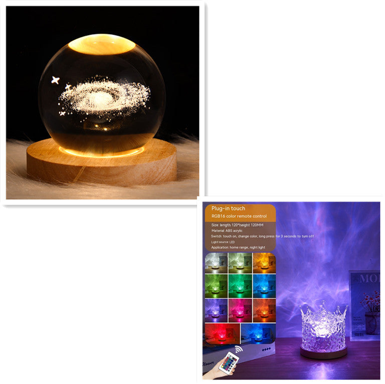 مصباح طاولة كريستالي دوار LED على شكل تموجات مائية ليلية مع منفذ USB وإضاءة RGB قابلة للتعتيم لتزيين المنزل و16 لونًا من الهدايا