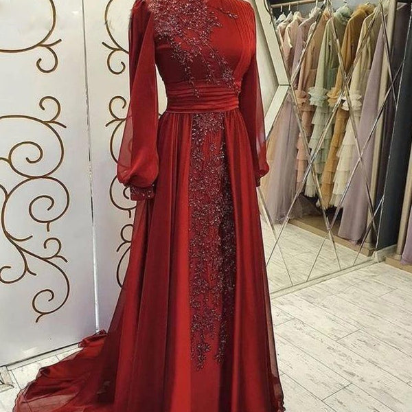 Stand Collar Luxury Long Sleeve Evening Dress