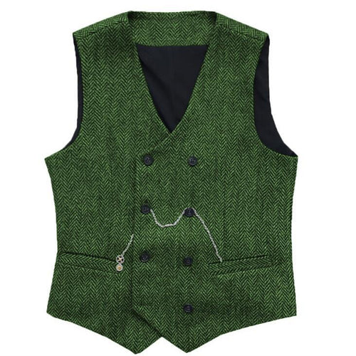 Men's Suit Vest Herringbone Pattern Faux Wool Vest Double Breasted V-neck