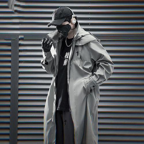 Mechanical Style Double Zipper Long Trench Coat Men's Loose Casual Hooded Coat