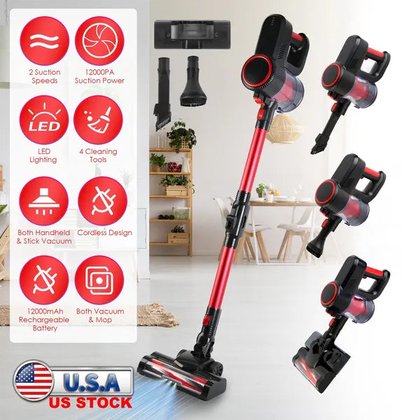 Cordless Vacuum Cleaner Lightweight Handheld Vacuum Upright Stick Floor Vacuum Battery Powered Mop With Lighting 2 Speeds 12000PA Suction 4 Tools Mount Bracket 180° Foldable