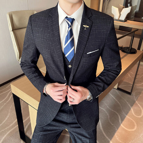 Fashion Mesh Plaid Men Tuxedo Three-piece Suit