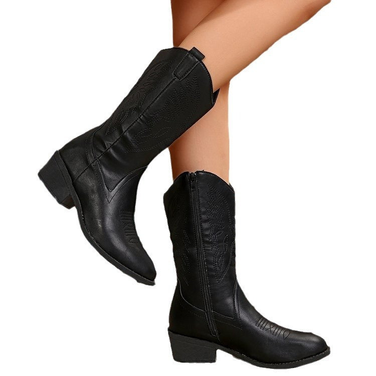 Female Mid-calf Length Solid Color Pointed Chunky Heel Martin Boots