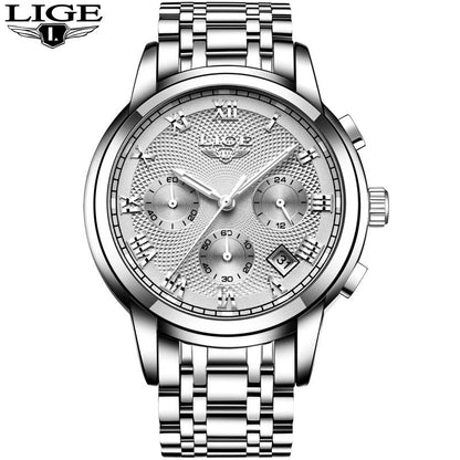 Men's Watch LIGE Brand Sports Business Waterproof Multi-Function Three-Eye Corrugated Watch
