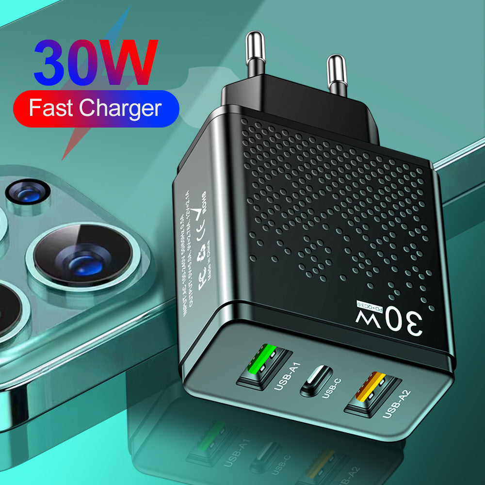 LED 2USB+PDType-C mobile phone charger with multiple ports, compliant with American, European, and British standards for travel charging