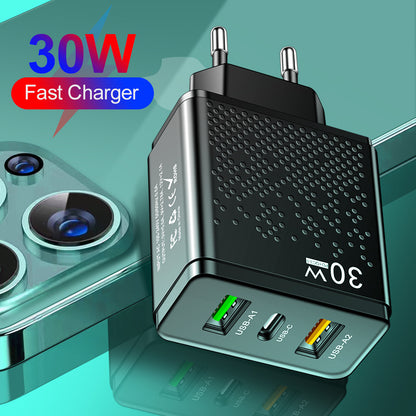 LED 2USB+PDType-C mobile phone charger with multiple ports, compliant with American, European, and British standards for travel charging