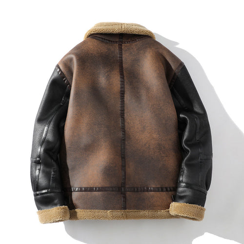 Winter Leather And Fur Jacket Men's Loose Lapels Color Matching Lamb Wool Velvet Padded Thickened Coat