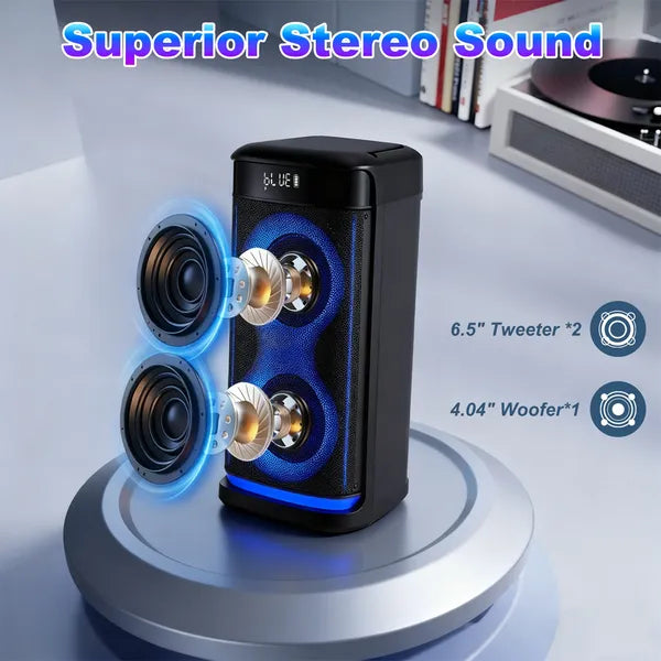 Portable Wireless Party Speaker With LED Light Wireless Mic Remote Control TWS Treble Bass Mic. Echo Music Accompany Mic. Priority Guitar In