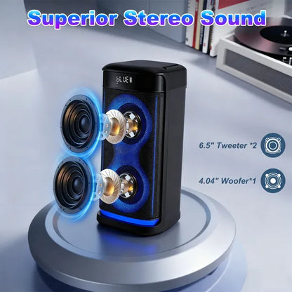Portable Wireless Party Speaker With LED Light Wireless Mic Remote Control TWS Treble Bass Mic. Echo Music Accompany Mic. Priority Guitar In