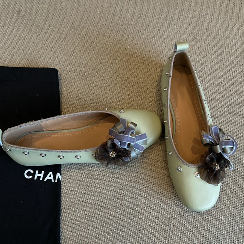 Diy Flower Rivet Mary Jane Shoes Shallow Mouth Flat Bottom