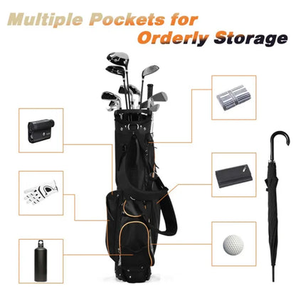Water-Resistant Golf Stand Bag - 420D Nylon, 3-Way Dividers+7 Zipper Pockets, Black