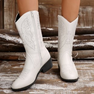 Female Mid-calf Length Solid Color Pointed Chunky Heel Martin Boots