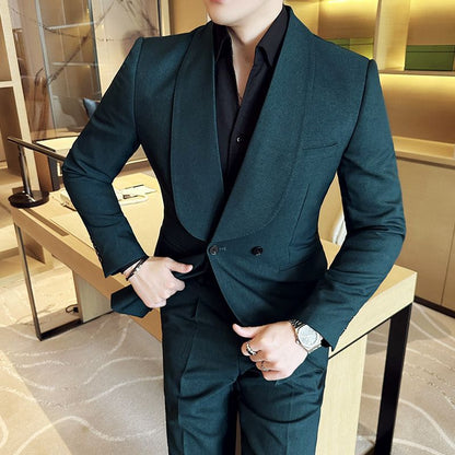 Suit Men's Double Breasted Green Collar  Casual
